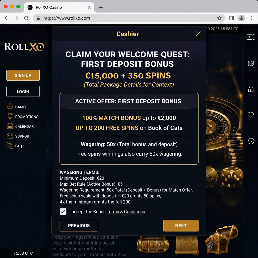 RollXO casino bonus wagering terms shown in the cashier