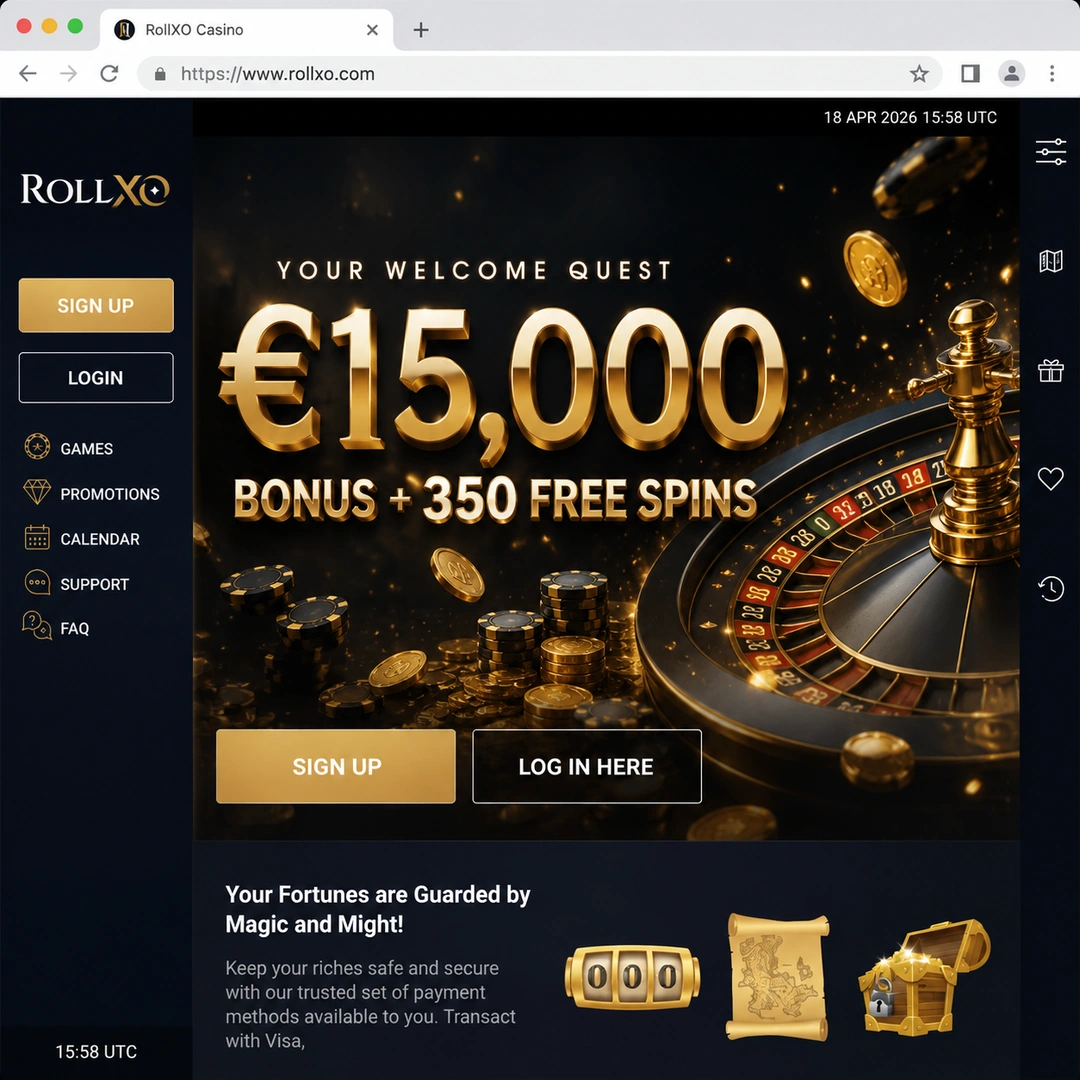 Casino RollXO homepage with welcome banner and category rows