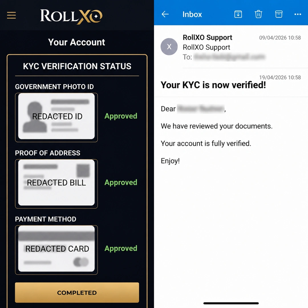 RollXO casino login panel with KYC documents approved