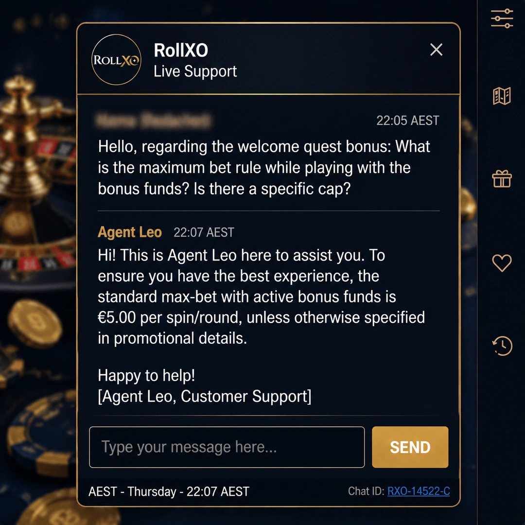 RollXO casino customer support live chat window