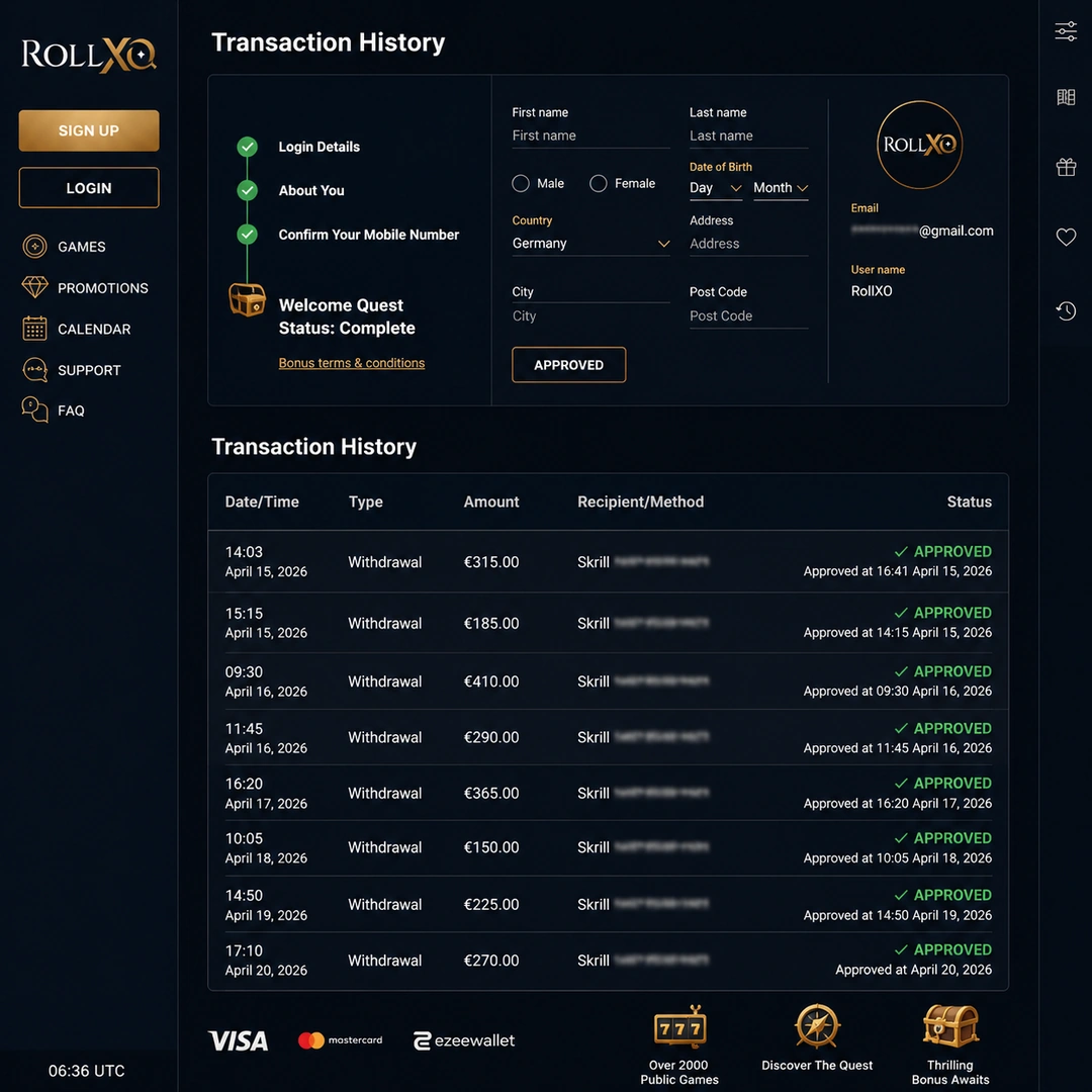 RollXO casino withdrawal request in the cashier