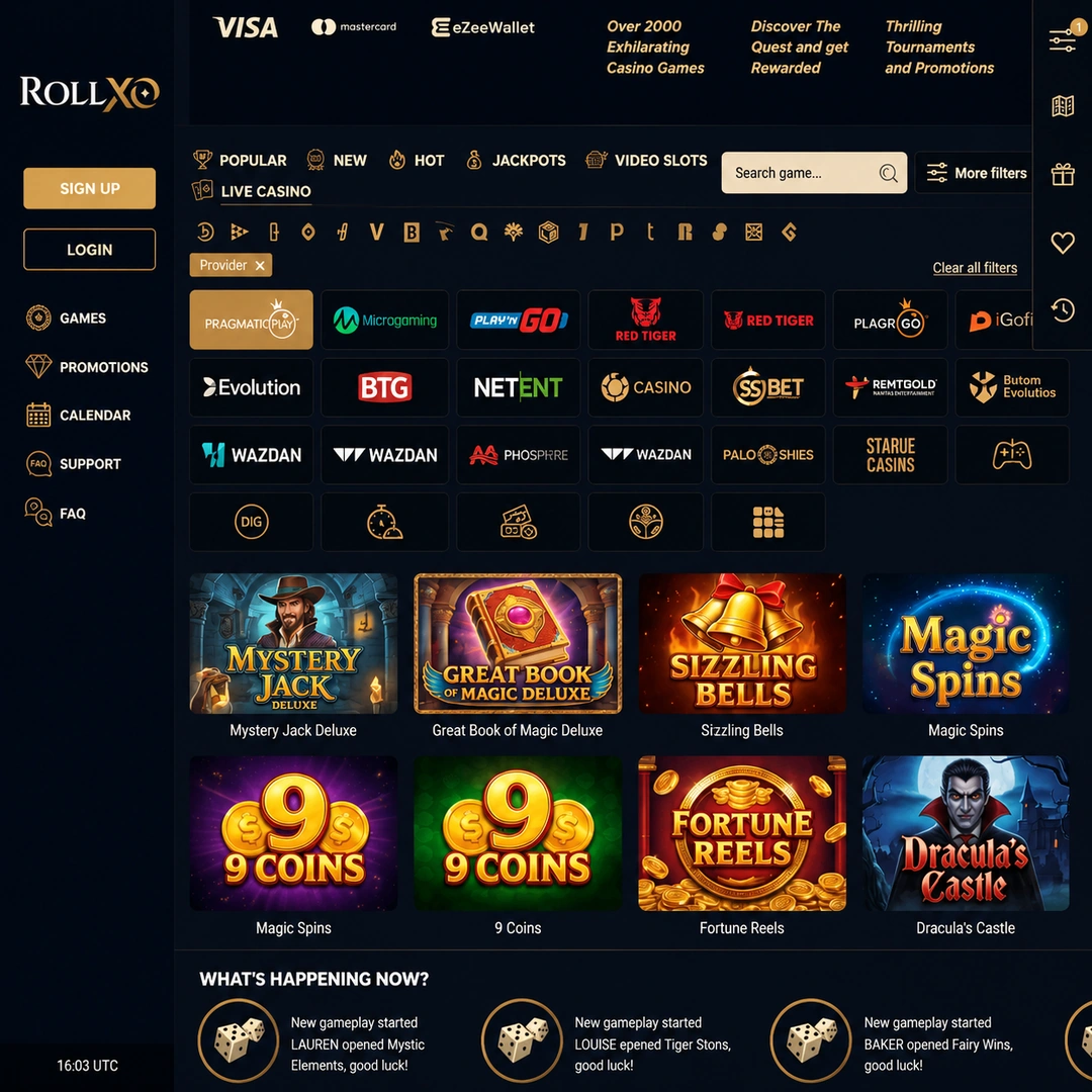 RollXO casino pokies lobby with provider filter open