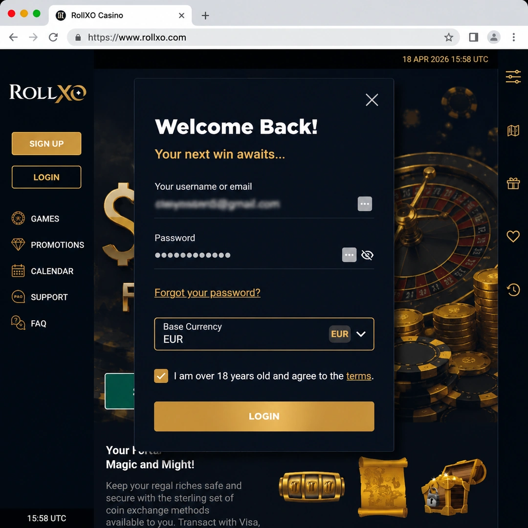 RollXO casino sign up form with AUD as account currency