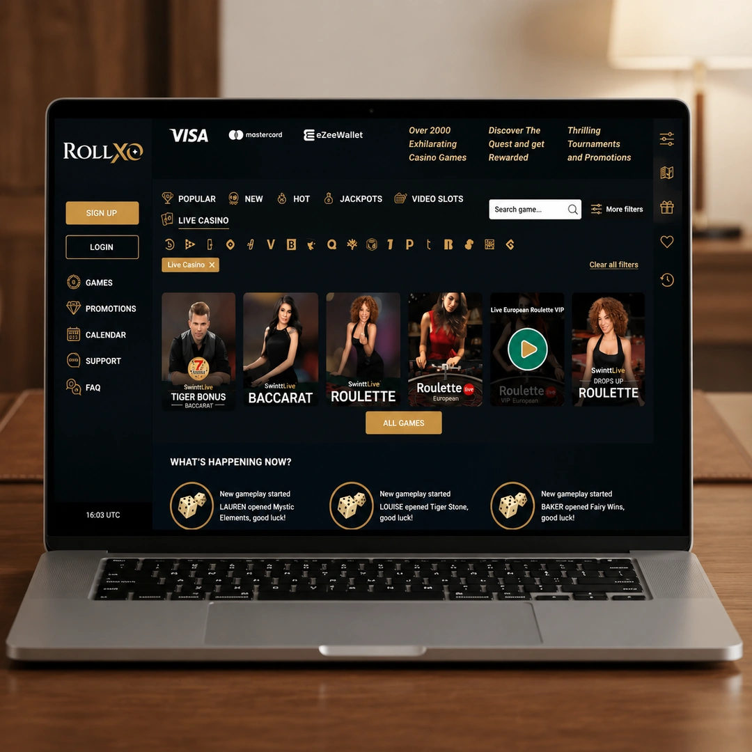 RollXO casino login screen with email and password fields